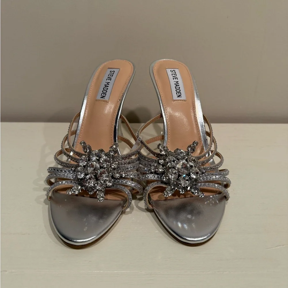 Steve Madden Women's Pamola Silver Rhinestone Embellished Heels - Picture 3 of 10